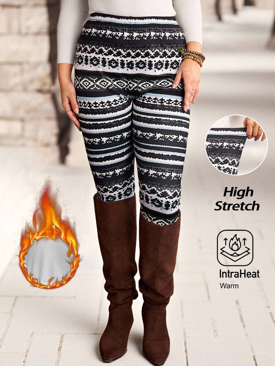 EMERY ROSE Plus Size Women Fall/Winter Country Casual Vacation Women Vintage Striped Print Fuzzy Inside Warm Leggings,Autumn/Winter,Going Out,2025 New,Simple And Fashionable For Everyday Wear, Plus Size Winter, Christmas For Women, New Year,Winter For Women,Thanksgiving For Women,Winter Pants Leggings - Multicolor - View 1