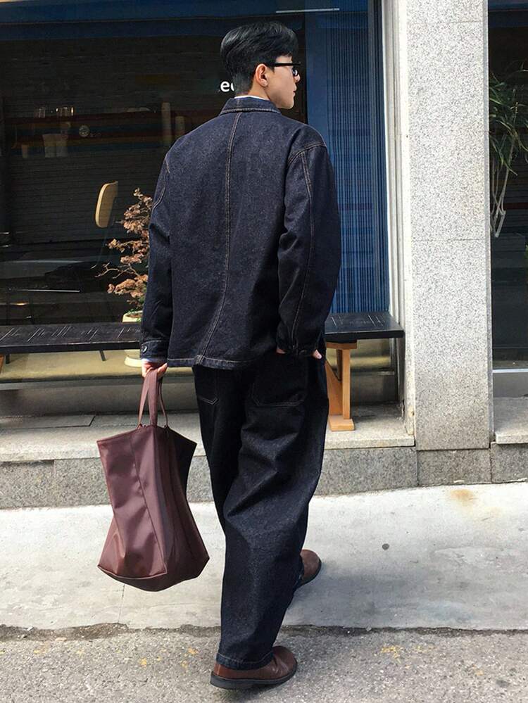 Men's Solid Color Raw Navy Blue Denim Jacket Set, Autumn