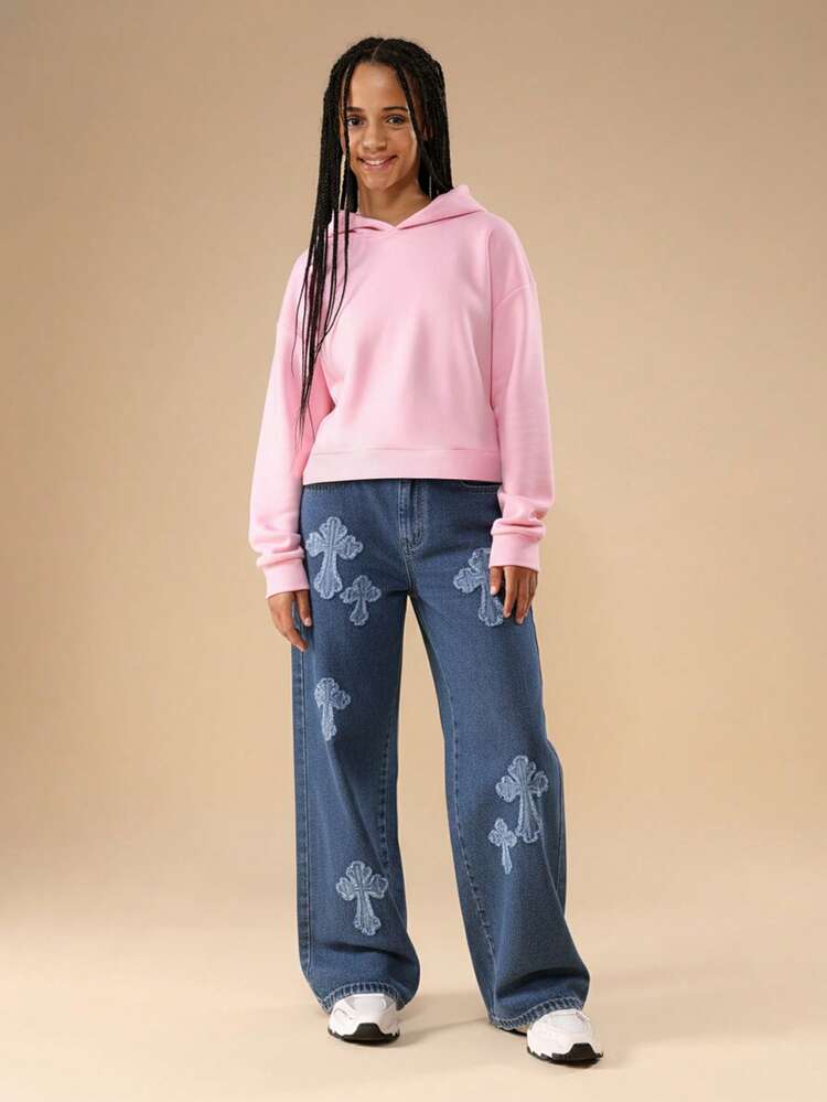 Calça Denim de perna larga com aplique cruzado