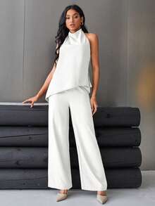 Aveloria Modichic Women's Solid Color Backless Halter Top And Wide Leg Pants Two Pieces Set Elegant Business Casual Women  - White - View 7