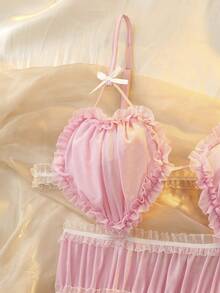DelicateAllure Váy ngủ hai dây viền bèo nhún nơ thời trang gợi cảm cho nữ - Màu Hồng baby - Xem 8