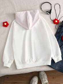 Tween Girl Casual Street Leopard Fluffy Hat, Five-Pointed Star & Leopard Print Pattern, Suitable For Street Style, Hooded Sweatshirt - White - View 2