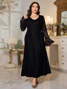 Modelyn Women's Elegant Vintage French Romantic Ruffled Hem Mermaid Hem Long Sleeve Plus Size Dress, Autumn/Winter - Black - View 6