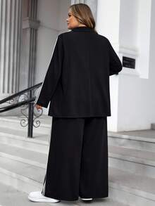 SHEIN CURVE+ 2 件套加大码套装 - 撞色丝带装饰西装外套和松紧腰口袋裤感恩节服装女装新年女装冬装女装狂欢服装新年女装冬季外套女装冬装女装运动服女装冬季套装度假两件套新年