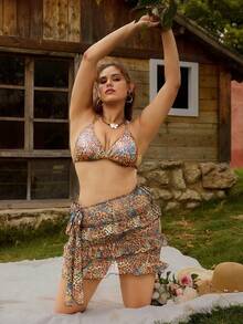 SHEIN Swim Curve Große Größen 3 Stücke Badeanzug Set, Spezialstoff Dreieck Top, mehrlagiger Rüschen Rock, sexy & süßer Damen Badeanzug - Verschiedenfarbig - Übersicht 3