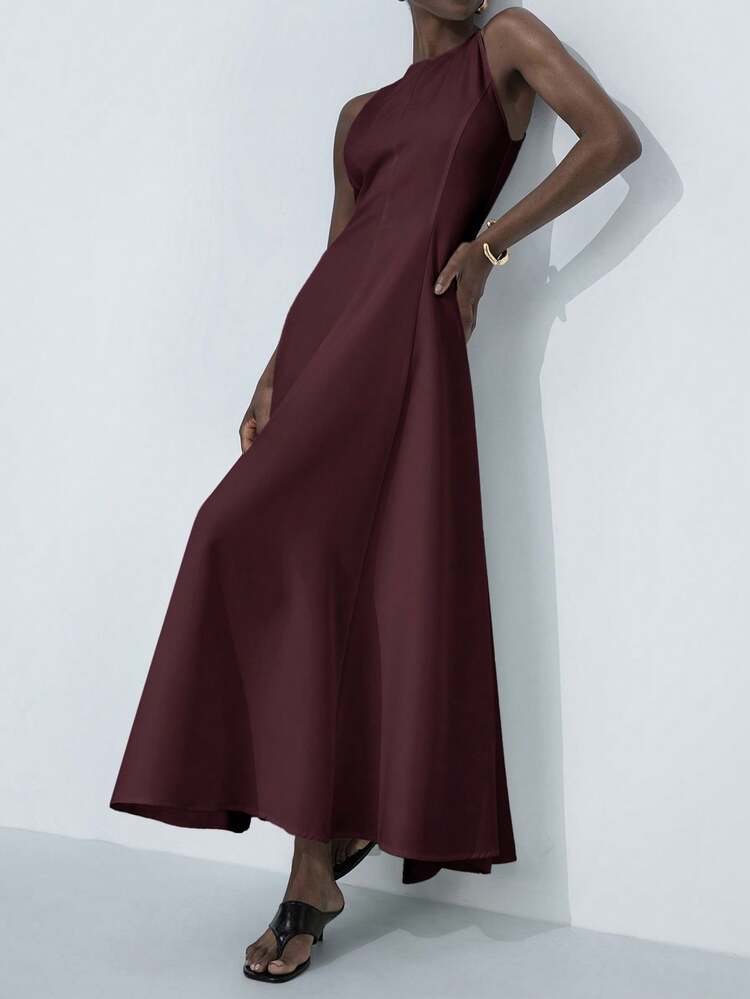 Aveloria Modichic Elegantes Pendler-Maxikleid für Damen mit Rundhalsausschnitt, ärmellos, asymmetrischer Schulter, geraffter Taille und übertriebenen gefalteten Rüschen in A-Linie - Bordeaux - Übersicht 1