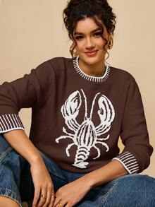 Travachic 大码女式条纹撞色休闲套头衫，饰有龙虾图案，适合假期、秋冬季 - 棕色 - 查看 3