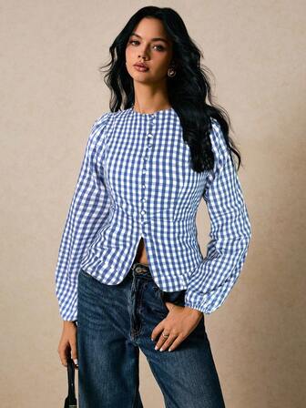 Poéselle Women's Plaid Round Neck Button Design Lantern Sleeve Casual Shirt