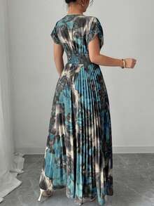 Elenzga Plus Size Women's Vacation Elegant Print Pleated Shirred A-Line Drop-Shoulder Short Sleeve Maxi Dress