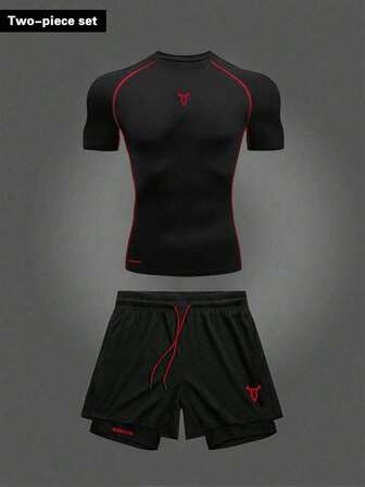 Manfinity Sport PWRUP 男士常规长度运动套装，采用几何图案和舒适面料，训练服跑步服健身套装男士健身服套装