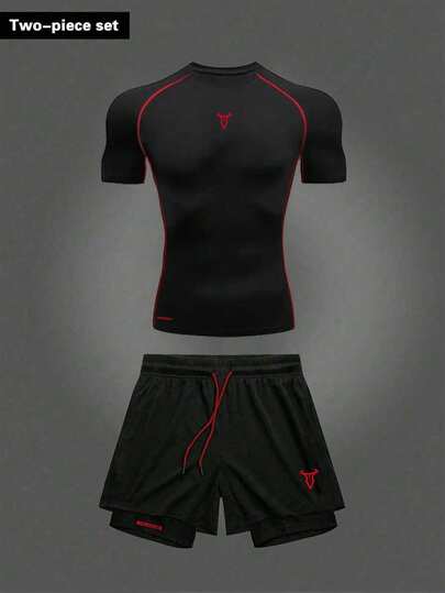 Manfinity Sport PWRUP Men's Regular Length Sports Set With Geometric Pattern And Comfortable Fabric Training Clothes Running Clothes Workout Set Men Gym Clothes Set Gym Set Workout Set Compression Shirt Men