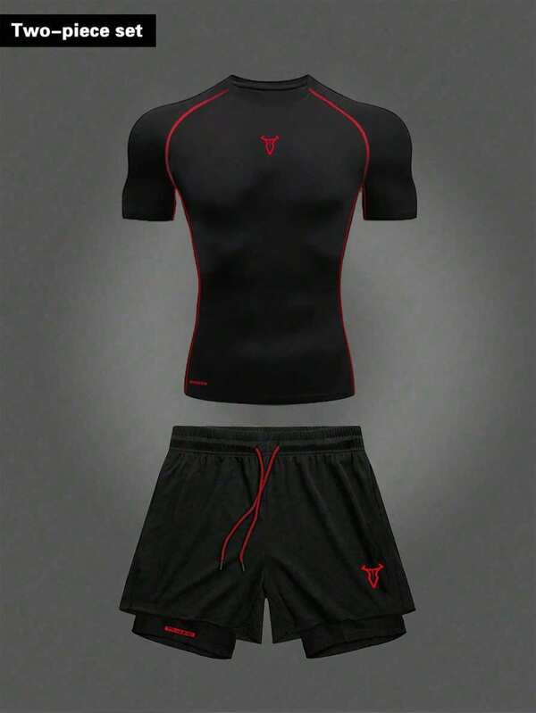 Manfinity Sport PWRUP Conjunto esportivo masculino de comprimento regular com padrão geométrico e tecido confortável, roupas de treino, roupas de corrida, conjunto de roupas de ginástica masculinas