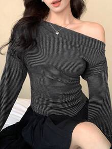 DAZY 女士条纹不对称肩部长袖休闲时尚T恤 Y2k