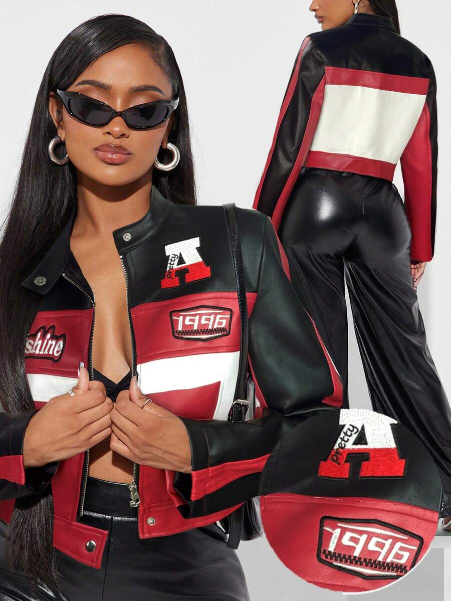 Radiana American Cool Patchwork & Contrast Color Short Motorcycle Embroidered Jacket, Women Summer Race Car Racing Moto Jacke In Fall/Winter - Black - View 1