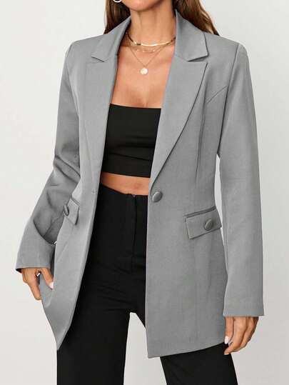 EURMUSE Women's Purple Button Front Pocket Detailed Elegant Blazer Jacket