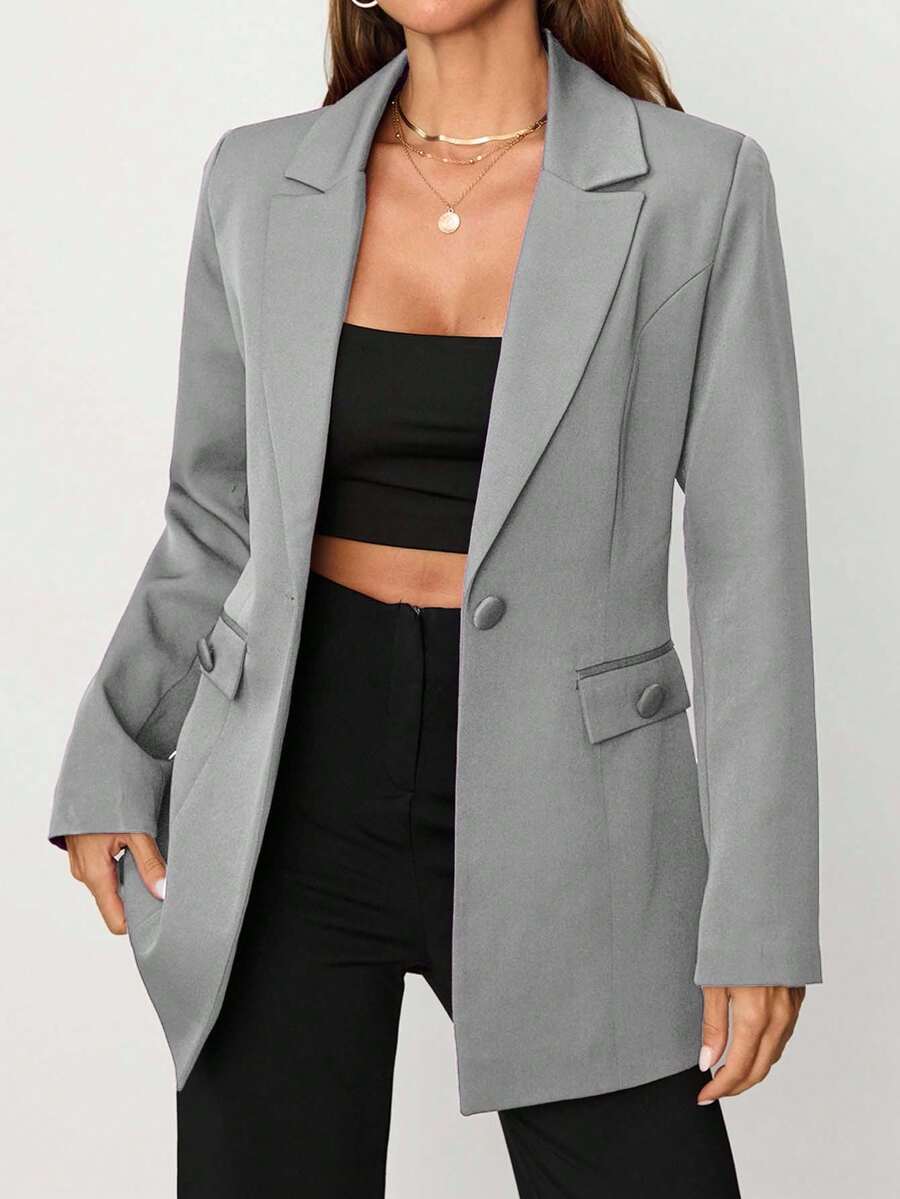 EURMUSE Women's Purple Button Front Pocket Detailed Elegant Blazer Jacket - Light Grey - View 1