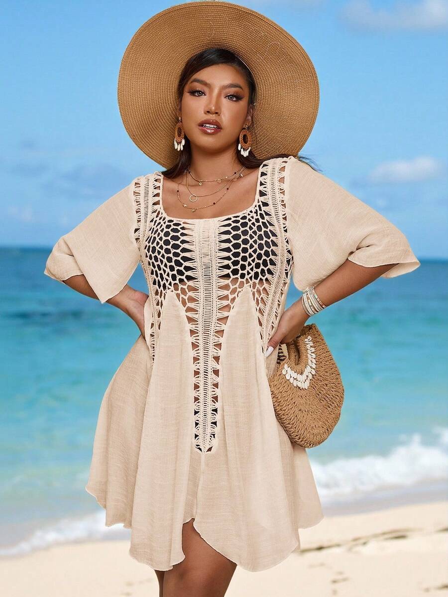 Swim Vcay Plus Size Women Solid Color Square Neck Ruffle Sleeve Hollow Out Cover Up Dress - Apricot - View 1