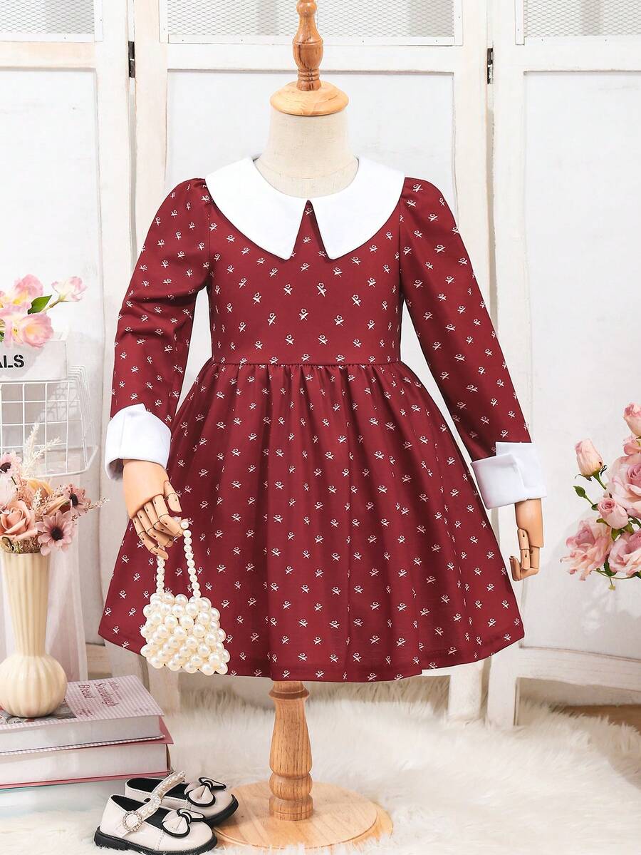 Vestido lindo con mangas abullonadas y estampado floral pequeño para niña - Burdeos - Ver 1