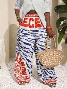 Plus Size Fish Logo Print Casual Holiday Pants For Cruise Fall Cloth For Women - Multicolor - View 6