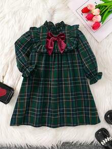 SHEIN Emery Rose Kids 女童优雅格子拼接蝴蝶结装饰荷叶边下摆宽松长袖连衣裙，适合圣诞节、秋冬季、派对、上学、日常休闲穿着