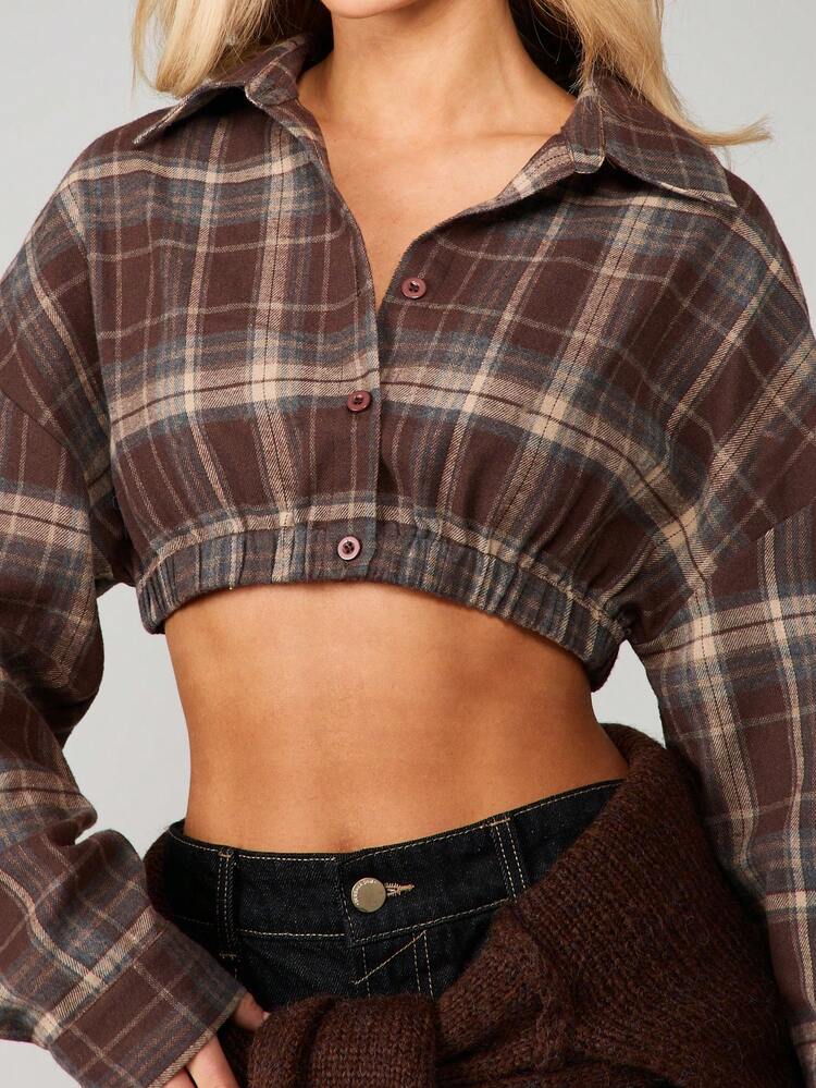 MISSGUIDED Oversized Plaid Crop Shirt With Buttons
