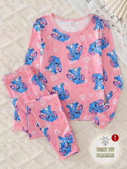 女童可爱兔子爱心印花粉色针织弹力面料圆领长袖上衣和裤子两件套贴身睡衣套装