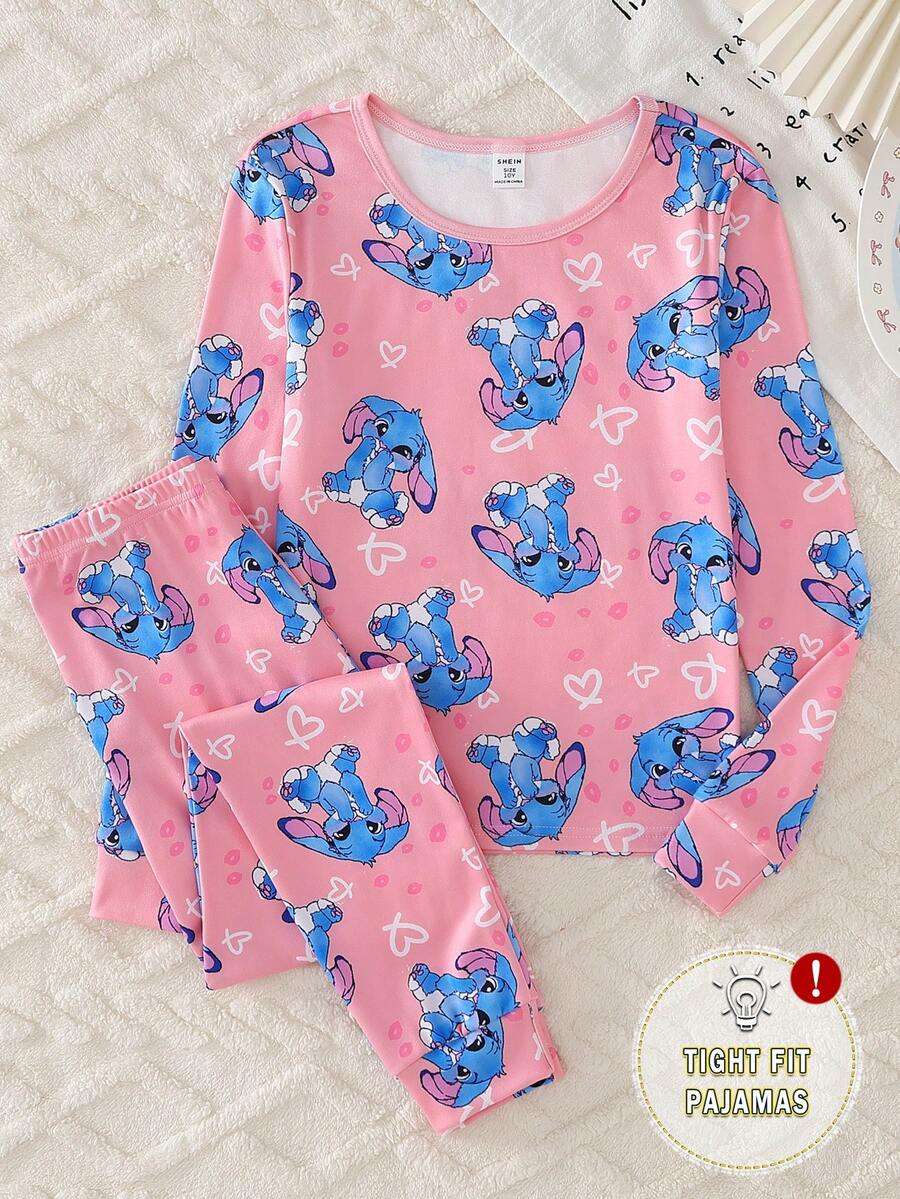 女童可爱兔子爱心印花粉色针织弹力面料圆领长袖上衣和裤子两件套贴身睡衣套装 - 粉色 - 查看 1