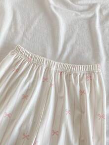 Conjunto de Roupas de Descanso com 2 Peças, Cardigã Decorado com Laço Rosa e Branco Listrado Elegante e Calça de Fleece Macia para Meninas Pré-Adolescentes