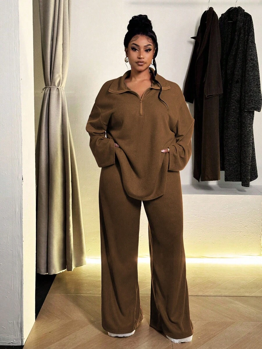Maweii Conjunto de 2 piezas de pantalones rectos acampanados y holgados con cremallera media para mujer talla grande, cómodo y casual para uso deportivo y en el hogar - Café integral - Ver 1