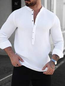 Manfinity CasualCool 男士白色长袖半开襟衬衫，穿着舒适 - 适合街头摄影 - 特殊场合送给丈夫或朋友的礼物，白色亨利领衬衫 - 白色 - 查看 5