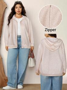 Zelara Moletom com Zíper de Manga Longa com Ombros Caídos Plus Size, Moletom Casual Solto Versátil com Zíper, Suéter com Zíper Plus Size para Mulheres - Laranja - Visão 5
