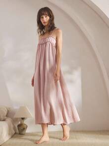 Ocili 舒适柔软女士长款睡袍，天然面料，休闲家居服，秋季 - 粉色 - 查看 6