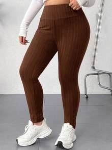 SHEIN EZwear Plus Size Women Solid Color Elastic Waist Casual Ribbed Leggings/Winter - Brown - View 5