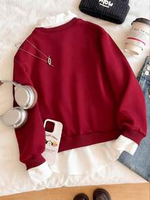 Tween Girls' White Collar Contrast Black 2 In 1 Sweatshirt, Fashion Versatile With Printed Chest Design, Ribbed Hem And Cuffs, Suitable For Autumn/Winter Outings, Travel, Shopping, Can Be Paired With Sweatpants, Jeans, Jackets - Burgundy - View 2