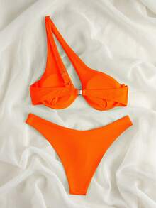 SHEIN Swim 2026 Spring/Summer Adjustable Shoulder Strap Underwire Padded Back Hook Solid Color High Cut Bottom Orange Women's Bikini 2-Piece Set - Orange - View 2