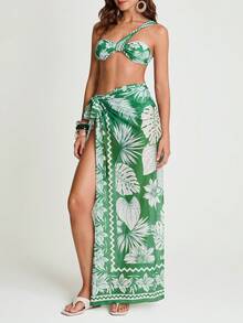 CAJUNI 女款夏季熱帶綠色植物印花繫腰沙龍罩衫，波希米亞風沙灘裙，適合節慶度假、泳池派對 - 綠色 - 查看 1