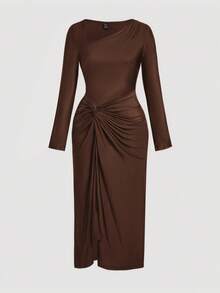 SHEIN MOD Plus Size Brown Elegant Asymmetrical Neckline Ruched Twist Long Dress/Christmas Dress - Brown - View 4