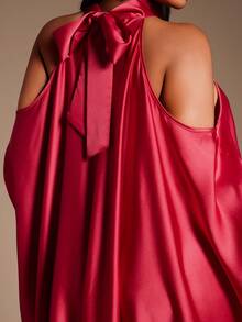 Radiana Váy maxi satin co giãn, cổ cao hở vai, gợi cảm và thanh lịch cỡ lớn dành cho nữ, thắt nơ phía sau, phù hợp cho những dịp trang trọng, tiệc tùng, tụ họp, hội nghị, dạ tiệc - Đỏ - Xem 8