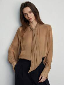 Zanirela Khaki Satin Kragen Krawatte Langarm Hemd, zart & sanft, geeignet für den täglichen Gebrauch, Arbeit und Zusammenkünfte - Khaki - Übersicht 5