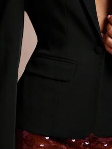 Lumalex 1件女士长袖垫肩深V领收腰西装外套 - 黑色 - 查看 5