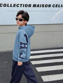 SHEIN 兒童青少年男孩海軍藍韓風寬鬆字母圖案連帽衛衣與彈性腰冬季長褲套裝，秋季街頭風校園返校穿搭 - 藏蓝色 - 查看 5