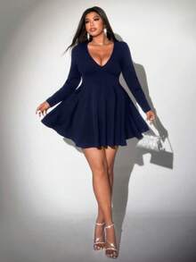Viva Relle Plus Size Women's Sexy Deep V-Neck Hollow Out Loose A-Line Long Sleeve Solid Color Fashionable Versatile Mini Dress - Navy Blue - View 4