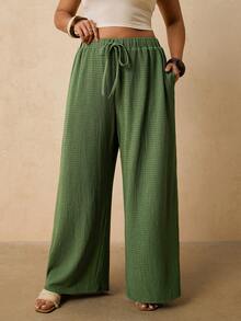 Travachic Pantalones anchos de punto texturizado verde con cintura elástica y cordón, con bolsillos, para mujer de talla grande