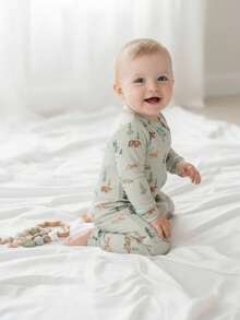 SHEIN 1 件婴幼儿男童长袖连体睡衣，柔软面料，动物印花，可爱风格 - 彩色 - 查看 1