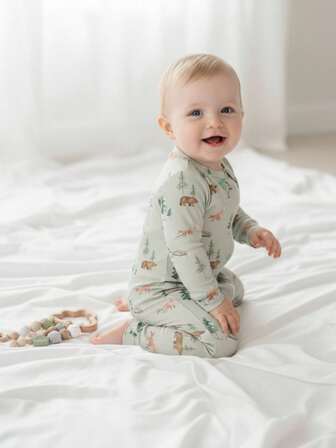 SHEIN 1 件婴幼儿男童长袖连体睡衣，柔软面料，动物印花，可爱风格