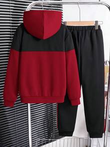 SHEIN 2 件青少年男孩拼色休闲宽松连帽运动衫 + 拼色休闲运动裤套装 - 黑色 - 查看 2
