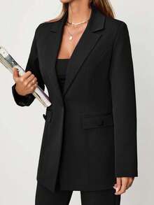 EURMUSE Women's Purple Button Front Pocket Detailed Elegant Blazer Jacket - Black - View 5