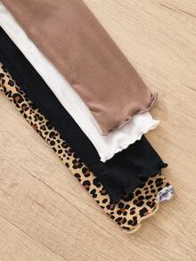 SHEIN 可爱少女套装。女童4件套，豹纹和纯色高领荷叶边针织T恤，百搭，适合秋冬春季日常休闲穿着和上学穿着，返校季必备。 - 卡其色 - 查看 4