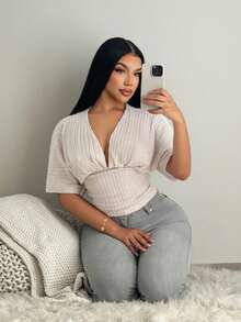 SHEIN SXY Women's Solid Deep V-Neck Batwing Short Sleeve Ribbed Fitted T-Shirt - Apricot - View 4