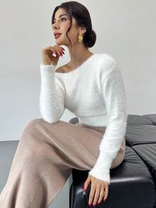 Firerie Women's Elegant Minimalist Casual Daily Warm Fashionable New Oblique Shoulder Waist Cinched Long Sleeve Faux Fur White Sweater, Autumn/Winter - White - View 2
